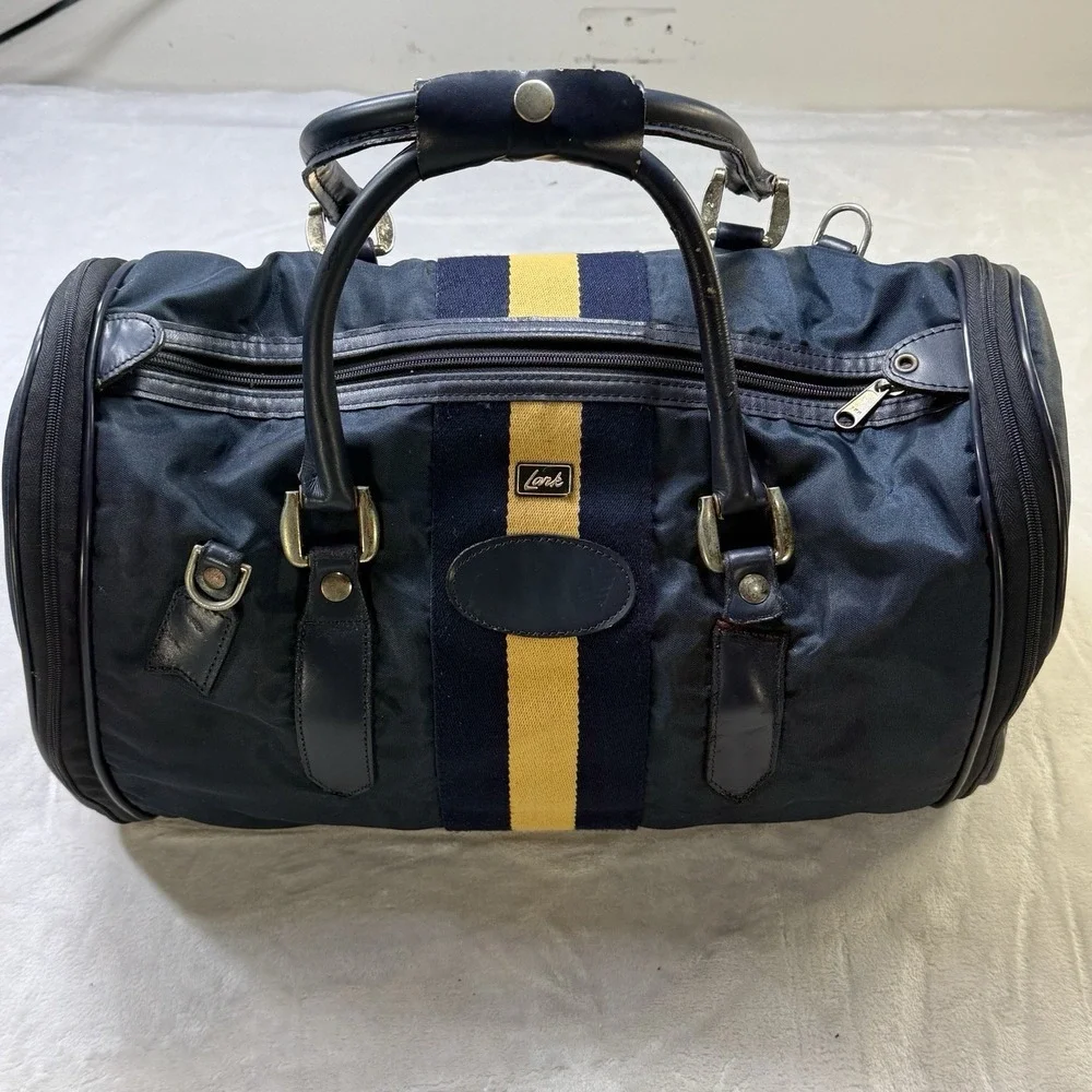 Vintage Lark Canvas Leather Duffel Bag Navy Yellow Overnight Travel Gym Bag